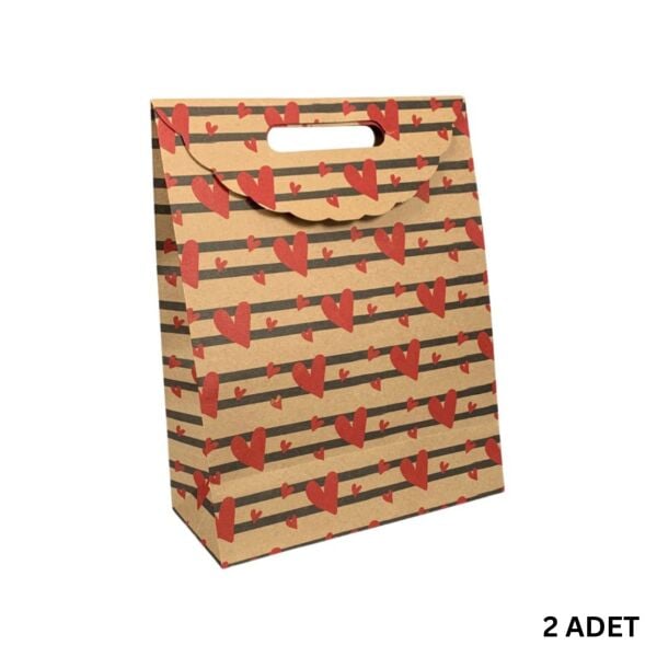 Kraft El Geçme Çanta, 2 Adet, Kalp Desenli Hediye & Butik ve Parti, Alışveriş Kutusu, 25x38x12 Cm