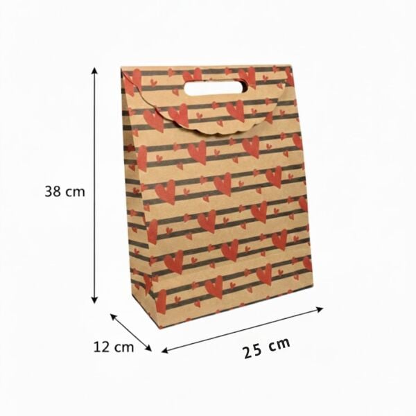 Kraft El Geçme Çanta, 2 Adet, Kalp Desenli Hediye & Butik ve Parti, Alışveriş Kutusu, 25x38x12 Cm