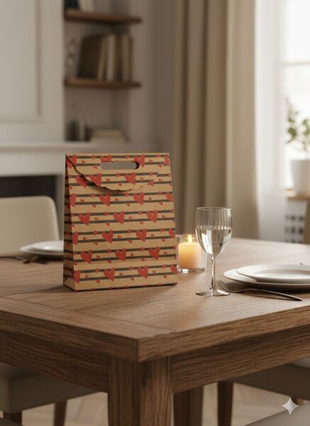 Kraft El Geçme Çanta, 2 Adet, Kalp Desenli Hediye & Butik ve Parti, Alışveriş Kutusu, 25x38x12 Cm