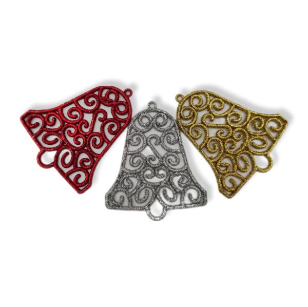 Yeni Yıl Yılbaşı Simli Çan 3 Adet - Kırmızı Gümüş Altın - 9x8 Cm