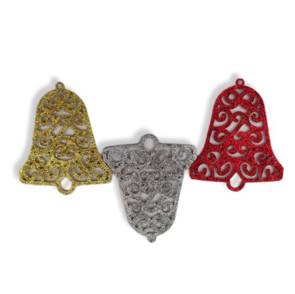 Yeni Yıl Yılbaşı Simli Çan 3 Adet - Kırmızı Gümüş Altın - 9x8 Cm