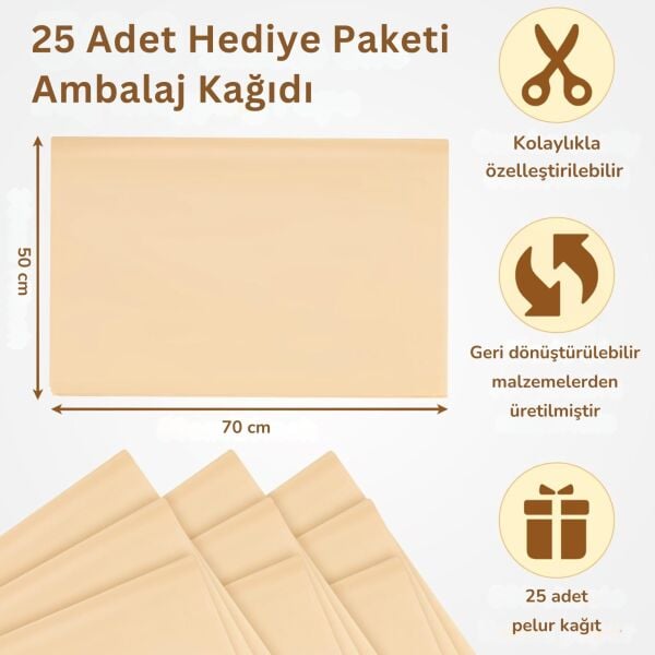 Kraft Pelur Kağıt - Hediye ve Çiçek Paketleme Kağıdı, 25’li Paket, 50x70cm