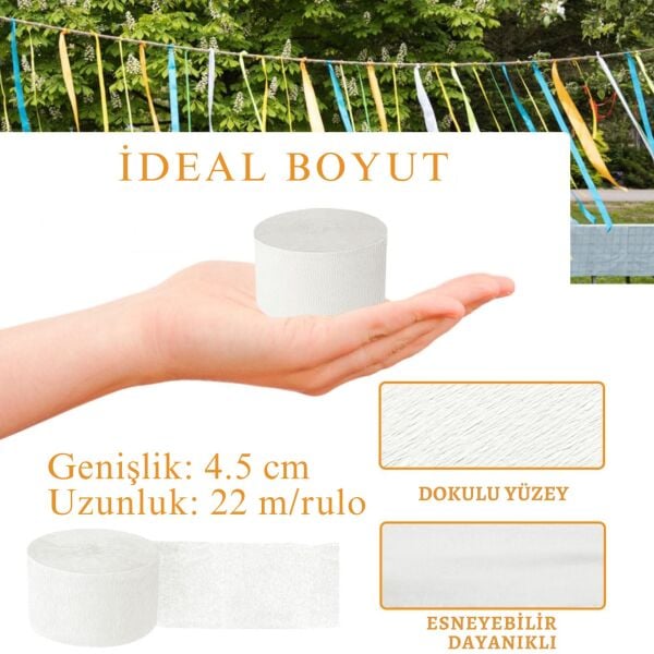 Beyaz Krapon Kağıdı Rulosu, Çiçek Yapım, Parti, El İşi Süsleme Kağıdı, 2li Paket, 4.5 Cm x 22 Metre