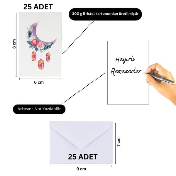 Ramazan Hilal, Fener Temalı Hediye ve Tebrik Kartı (6x8 Cm) & Beyaz Zarf Seti (7x9 Cm), 25 Adet