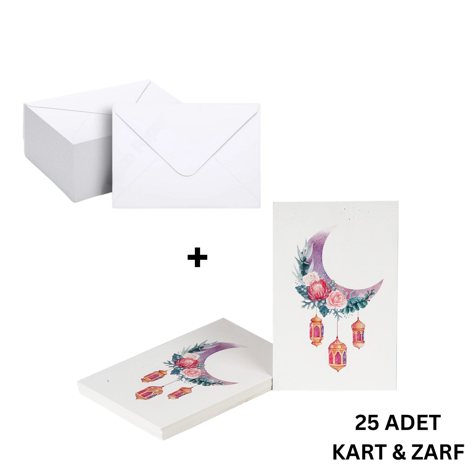 Ramazan Hilal, Fener Temalı Hediye ve Tebrik Kartı (6x8 Cm) & Beyaz Zarf Seti (7x9 Cm), 25 Adet