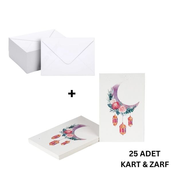 Ramazan Hilal, Fener Temalı Hediye ve Tebrik Kartı (6x8 Cm) & Beyaz Zarf Seti (7x9 Cm), 25 Adet