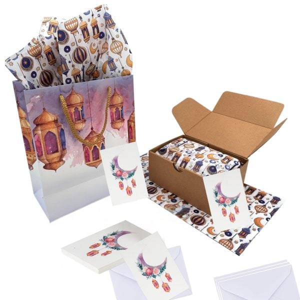 Ramazan Hilal, Fener Temalı Hediye ve Tebrik Kartı (6x8 Cm) & Beyaz Zarf Seti (7x9 Cm), 25 Adet