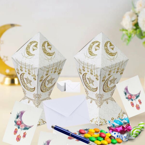 Ramazan Hilal, Fener Temalı Hediye ve Tebrik Kartı (6x8 Cm) & Beyaz Zarf Seti (7x9 Cm), 25 Adet