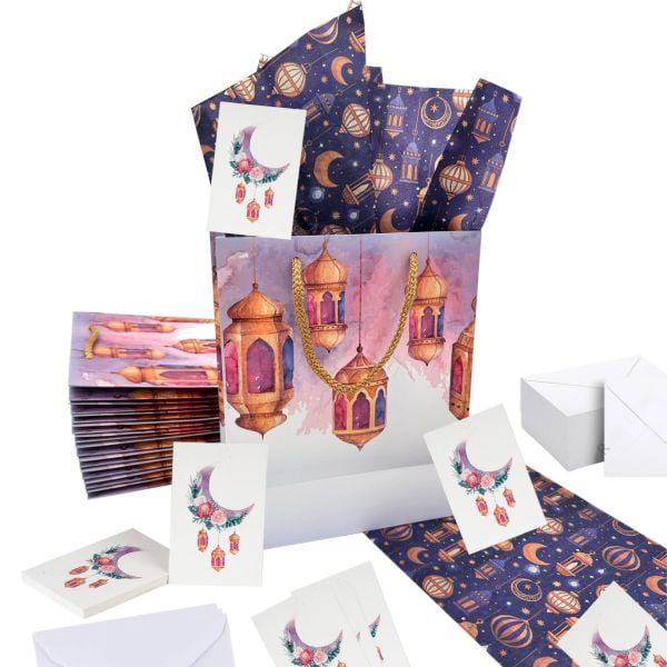 Ramazan Hilal, Fener Temalı Hediye ve Tebrik Kartı (6x8 Cm) & Beyaz Zarf Seti (7x9 Cm), 25 Adet