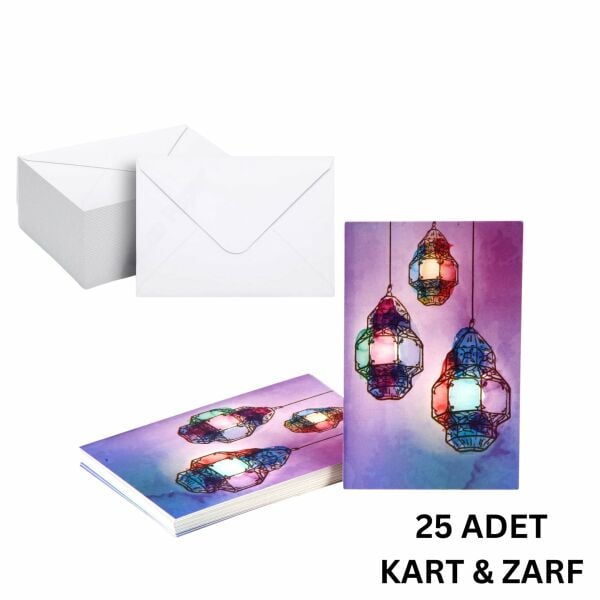 Ramazan Fener Temalı Hediye ve Tebrik Kartı (6x8 Cm) & Beyaz Zarf Seti (7x9 Cm), 25 Adet