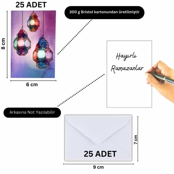 Ramazan Fener Temalı Hediye ve Tebrik Kartı (6x8 Cm) & Beyaz Zarf Seti (7x9 Cm), 25 Adet