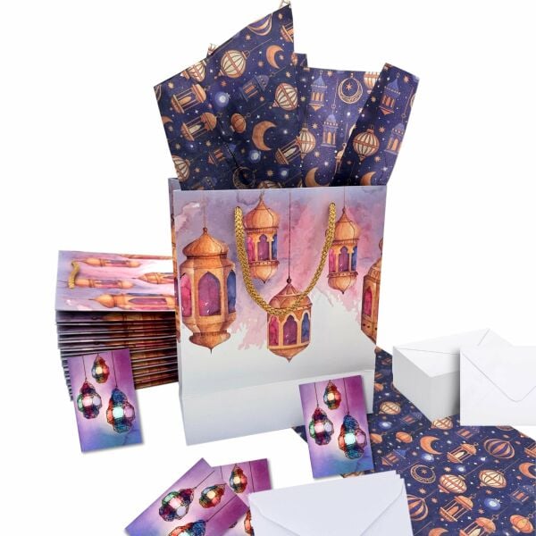 Ramazan Fener Temalı Hediye ve Tebrik Kartı (6x8 Cm) & Beyaz Zarf Seti (7x9 Cm), 25 Adet