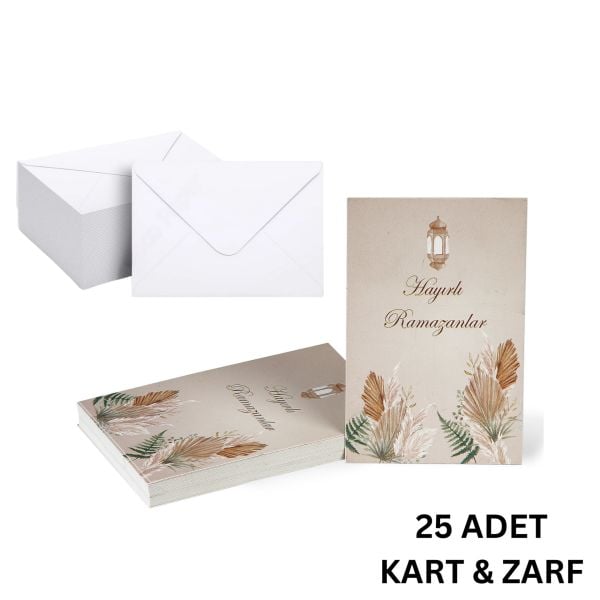 Hayırlı Ramazanlar Yazılı Hediye ve Tebrik Kartı (6x8 Cm) & Beyaz Zarf Seti (7x9 Cm), 25 Adet