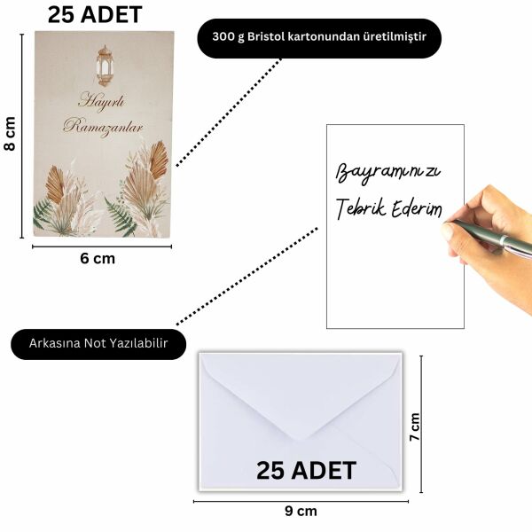 Hayırlı Ramazanlar Yazılı Hediye ve Tebrik Kartı (6x8 Cm) & Beyaz Zarf Seti (7x9 Cm), 25 Adet