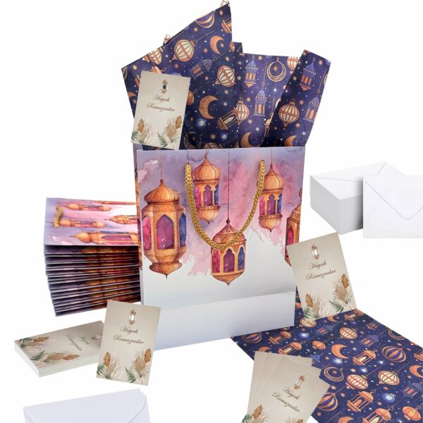 Hayırlı Ramazanlar Yazılı Hediye ve Tebrik Kartı (6x8 Cm) & Beyaz Zarf Seti (7x9 Cm), 25 Adet