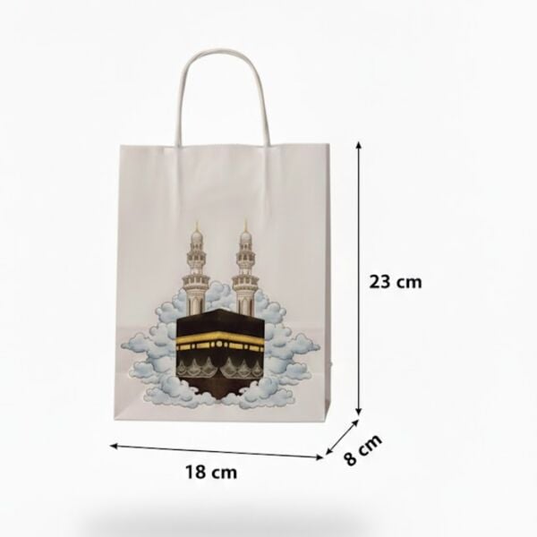 Ramazan Hediyelik Paketleme Çantası, 3 Adet, Kabe Baskılı Beyaz Kraft Kağıt Çanta Seti, 8x18x23 Cm