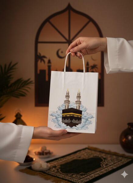 Ramazan Hediyelik Paketleme Çantası, 3 Adet, Kabe Baskılı Beyaz Kraft Kağıt Çanta Seti, 8x18x23 Cm