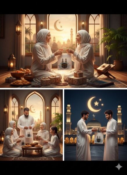 Ramazan Hediyelik Paketleme Çantası, 3 Adet, Kabe Baskılı Beyaz Kraft Kağıt Çanta Seti, 12x25x31 Cm