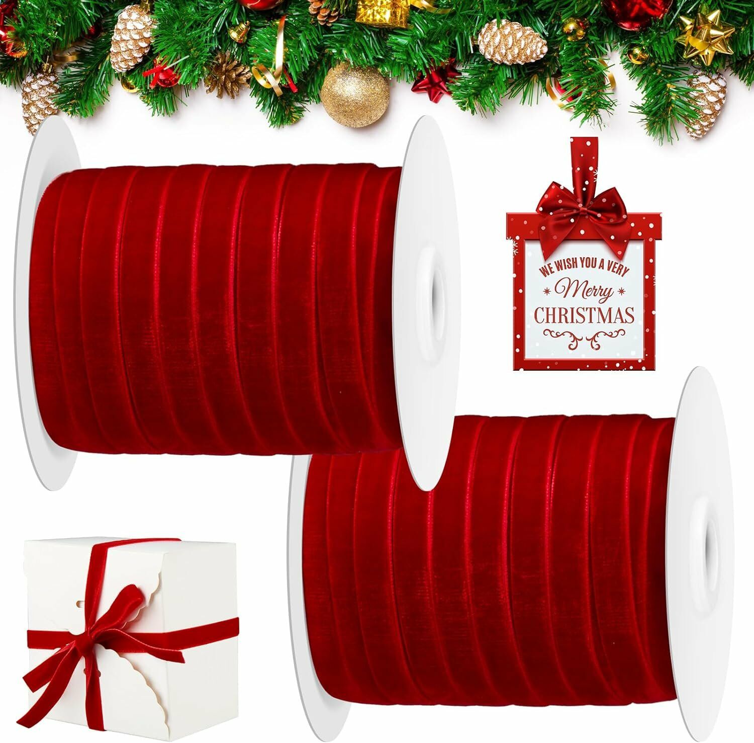 Yeniyıl Yılbaşı Kırmızı Kadife Kurdele 1 cm 45 metre
