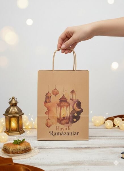 Ramazan Hediyelik Paketleme Çantası, 3lü Paket, Kandil Temalı Kraft Kağıt Çanta Seti, 8x18x23 Cm