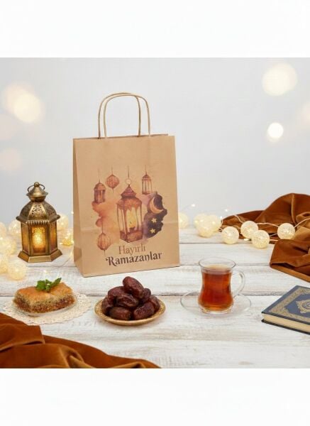 Ramazan Hediyelik Paketleme Çantası, 3lü Paket, Kandil Temalı Kraft Kağıt Çanta Seti, 8x18x23 Cm