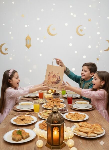 Ramazan Hediyelik Paketleme Çantası, 3lü Paket, Kandil Temalı Kraft Kağıt Çanta Seti, 12x25x31 Cm