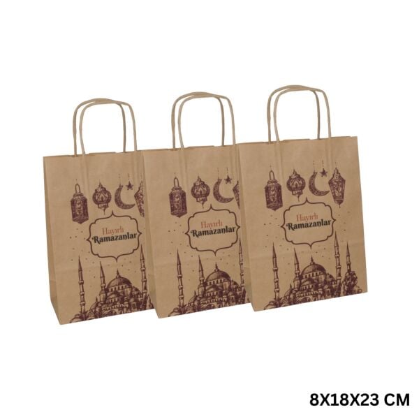 Ramazan Hediyelik Paketleme Çantası, 3lü Paket, Cami Temalı Kraft Kağıt Çanta Seti, 8x18x23 Cm