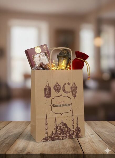 Ramazan Hediyelik Paketleme Çantası, 3lü Paket, Cami Temalı Kraft Kağıt Çanta Seti, 8x18x23 Cm
