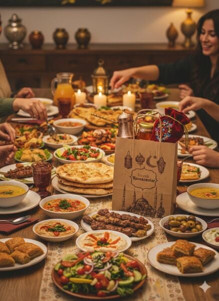 Ramazan Hediyelik Paketleme Çantası, 3lü Paket, Cami Temalı Kraft Kağıt Çanta Seti, 8x18x23 Cm