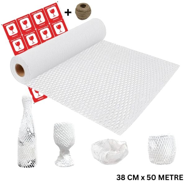 Beyaz Petek Ambalaj ve Paketleme Kağıdı (38CMx50M) ve 20 Adet Kırılır Etiketi & 100M Jüt İp Seti