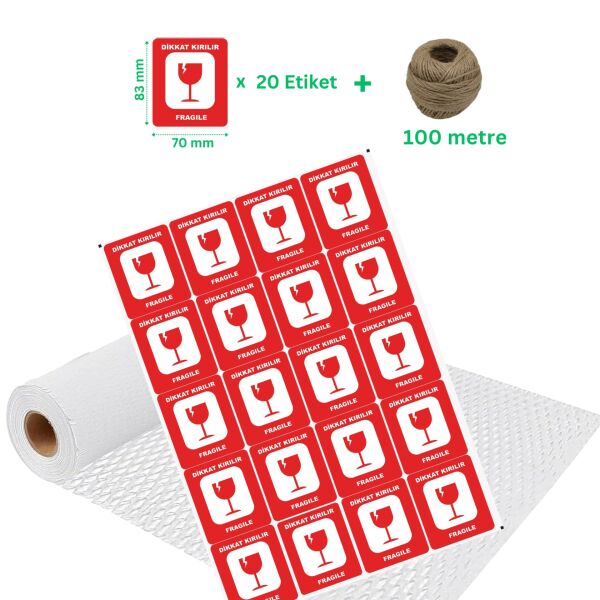 Beyaz Petek Ambalaj ve Paketleme Kağıdı (38CMx50M) ve 20 Adet Kırılır Etiketi & 100M Jüt İp Seti