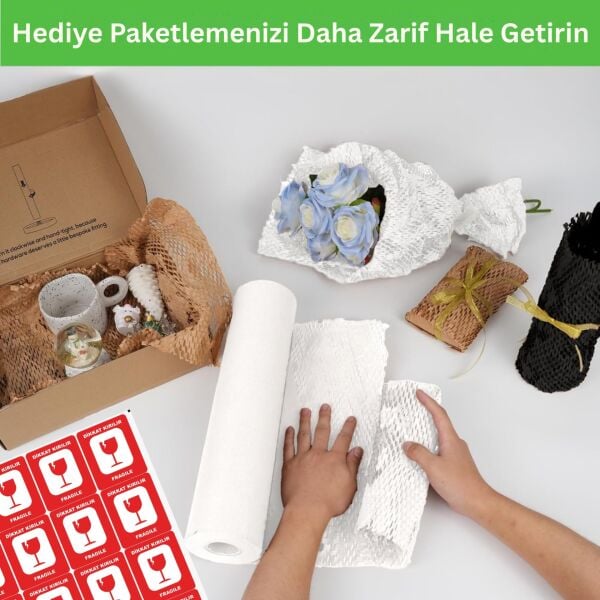 Beyaz Petek Ambalaj ve Paketleme Kağıdı (38CMx50M) ve 20 Adet Kırılır Etiketi & 100M Jüt İp Seti
