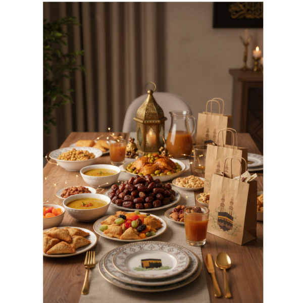 Ramazan Hediyelik Paketleme Çantası, 3lü Paket, Kabe Baskılı Kraft Kağıt Çanta Seti, 8x18x23 Cm