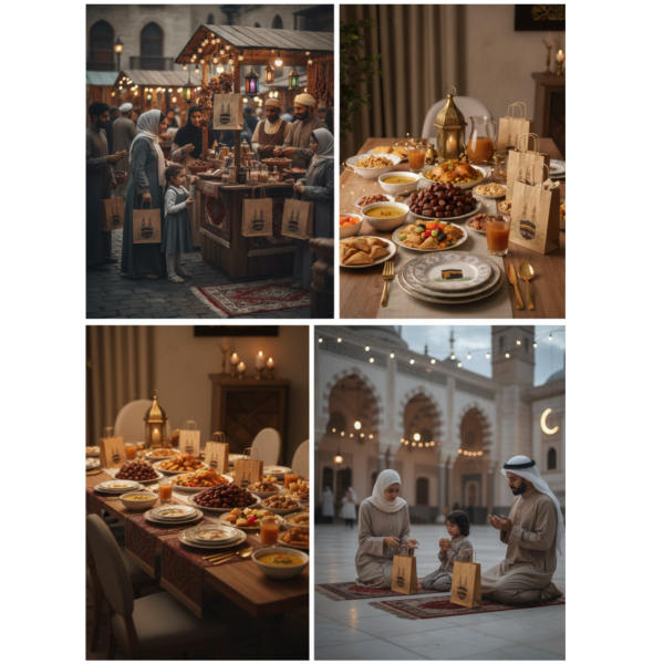 Ramazan Hediyelik Paketleme Çantası, 3lü Paket, Kabe Baskılı Kraft Kağıt Çanta Seti, 8x18x23 Cm