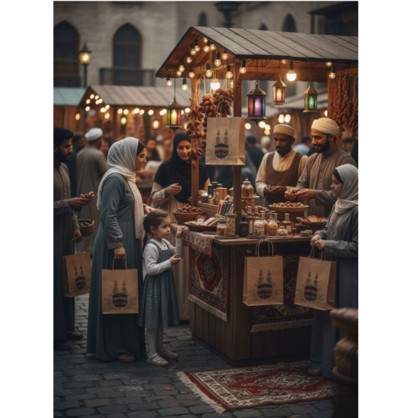 Ramazan Hediyelik Paketleme Çantası, 3lü Paket, Kabe Baskılı Kraft Kağıt Çanta Seti, 12x25x31 Cm