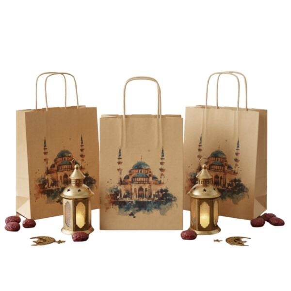 Ramazan Hediyelik Paketleme Çantası, 3lü Paket, Cami Tasarımlı Kraft Kağıt Çanta Seti, 8x18x23 Cm