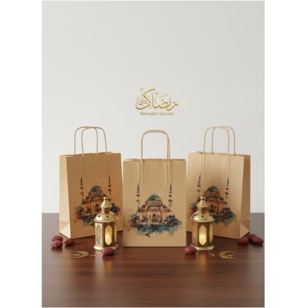 Ramazan Hediyelik Paketleme Çantası, 3lü Paket, Cami Tasarımlı Kraft Kağıt Çanta Seti, 8x18x23 Cm
