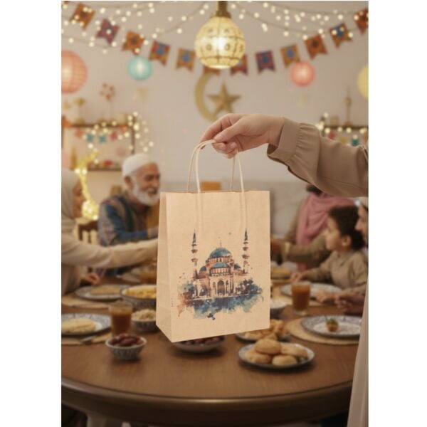 Ramazan Hediyelik Paketleme Çantası, 3 Adet, Cami Tasarımlı Kraft Kağıt Çanta Seti, 12x25x31 Cm