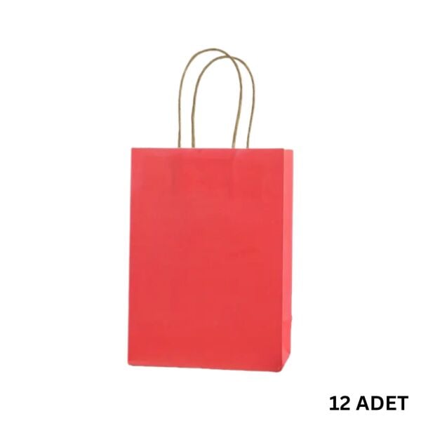 Kraft Saplı Mini Kağıt Çanta Seti-12li, Parti, Doğum Günü, Hediye Çantası, 11x15x6 Cm, Kırmızı