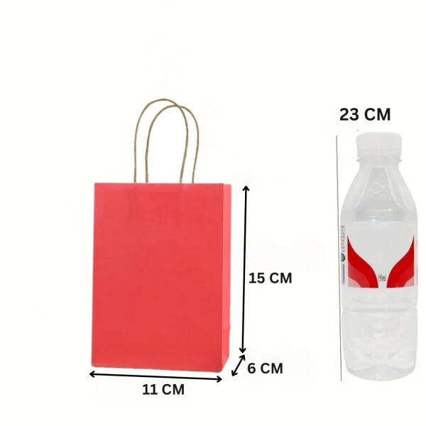 Kraft Saplı Mini Kağıt Çanta Seti-12li, Parti, Doğum Günü, Hediye Çantası, 11x15x6 Cm, Kırmızı