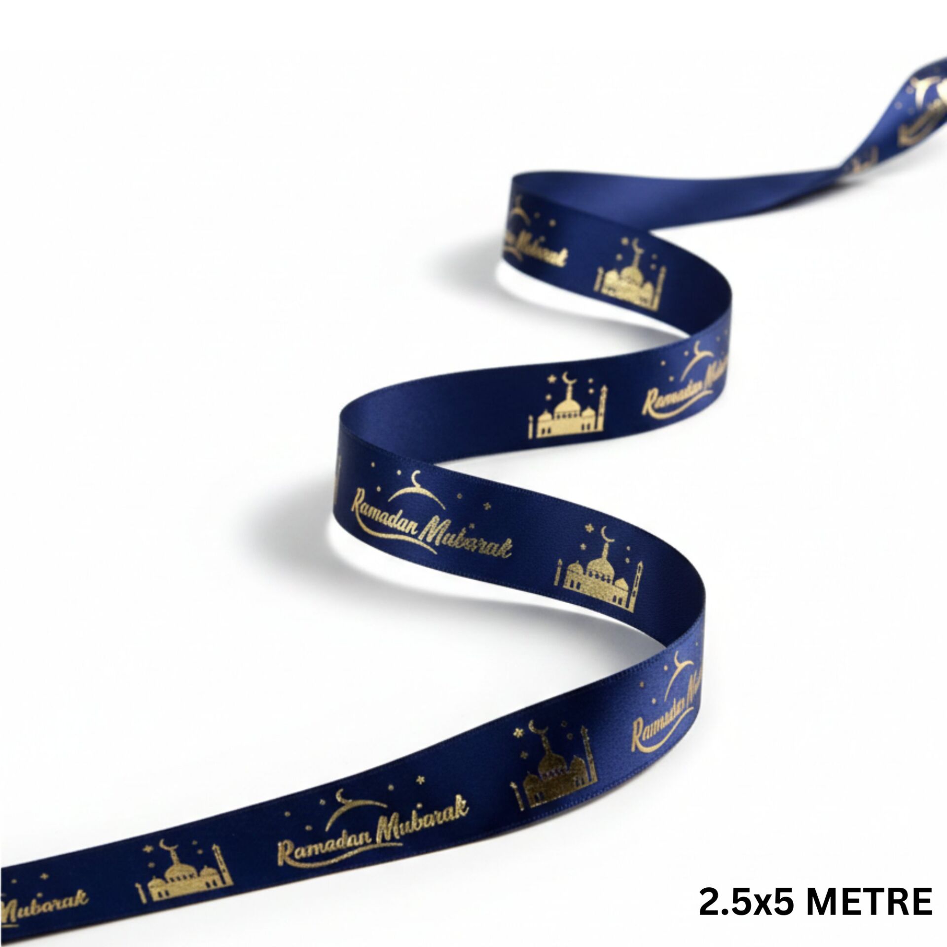 Ramadan Mubarak Yazılı Hediye Paketleme Kurdelesi, Ramazan Temalı Altın Varaklı Lacivert Saten Kurdele, 2.5cm x 5m