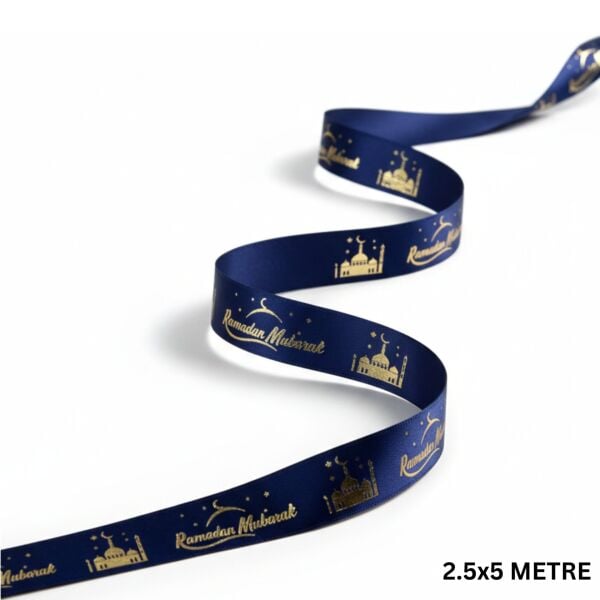 Ramadan Mubarak Yazılı Hediye Paketleme Kurdelesi, Altın Varaklı Lacivert Saten Kurdele, 2.5cm x 5m