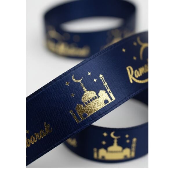 Ramadan Mubarak Yazılı Hediye Paketleme Kurdelesi, Ramazan Temalı Altın Varaklı Lacivert Saten Kurdele, 2.5cm x 5m