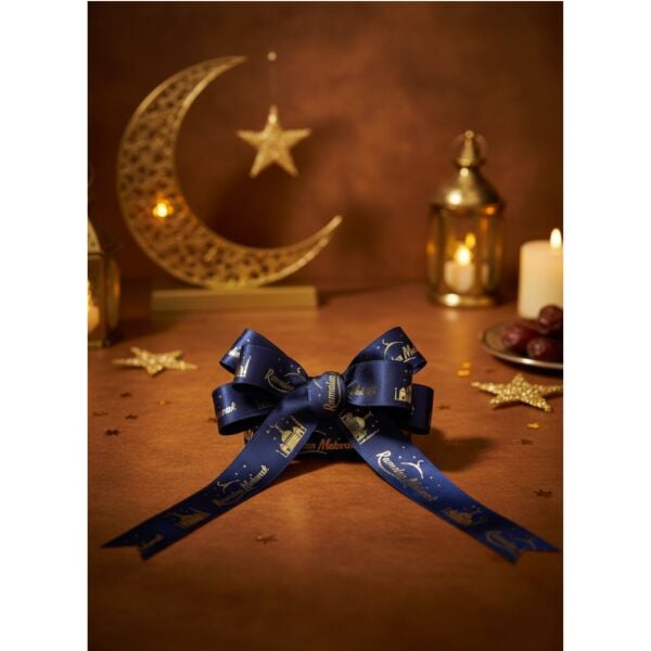 Ramadan Mubarak Yazılı Hediye Paketleme Kurdelesi, Ramazan Temalı Altın Varaklı Lacivert Saten Kurdele, 2.5cm x 5m