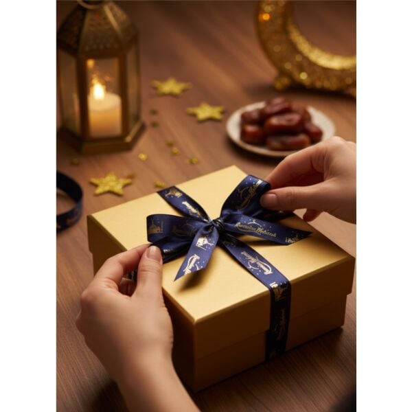 Ramadan Mubarak Yazılı Hediye Paketleme Kurdelesi, Ramazan Temalı Altın Varaklı Lacivert Saten Kurdele, 2.5cm x 5m