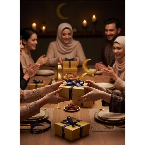 Ramadan Mubarak Yazılı Hediye Paketleme Kurdelesi, Ramazan Temalı Altın Varaklı Lacivert Saten Kurdele, 2.5cm x 5m