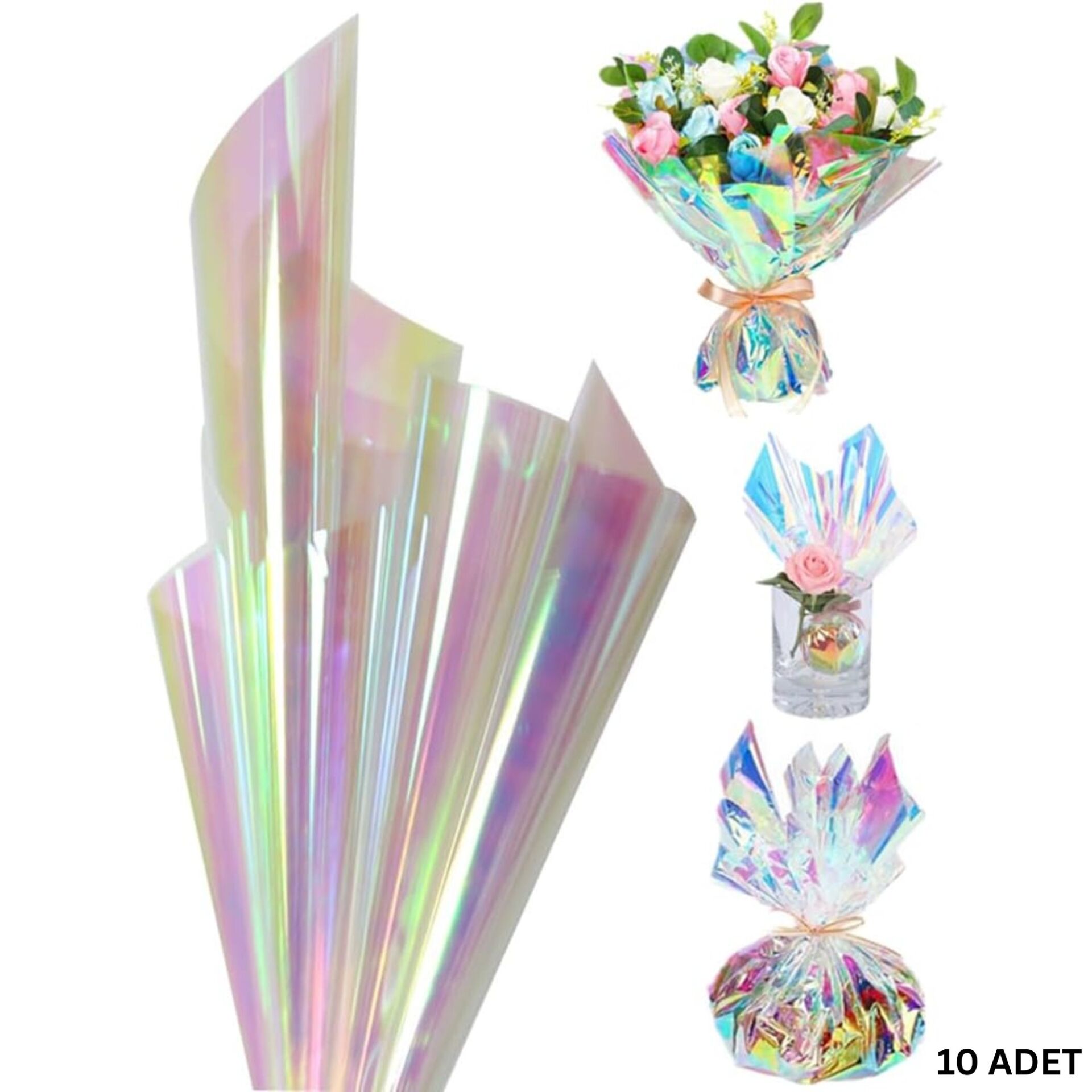 Yanardöner Jelatin Ambalaj Kağıdı, 10 Adet 57x57cm, Gökkuşağı Efektli Çiçek ve Hediye Paketleme Kağıdı