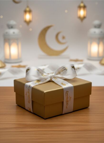 Ramadan Mubarak Yazılı Hediye Paketleme Kurdelesi, Altın Varaklı Saten Kurdele, 2.5cm x 5m, Krem