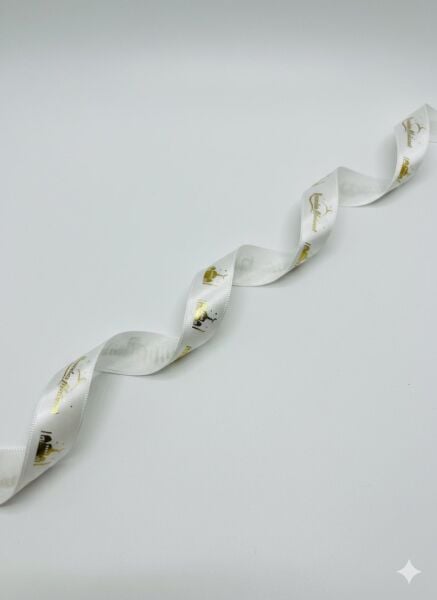 Ramadan Mubarak Yazılı Hediye Paketleme Kurdelesi, Altın Varaklı Saten Kurdele, 2.5cm x 5m, Krem