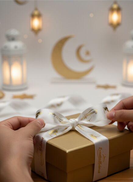 Ramadan Mubarak Yazılı Hediye Paketleme Kurdelesi, Altın Varaklı Saten Kurdele, 2.5cm x 5m, Krem